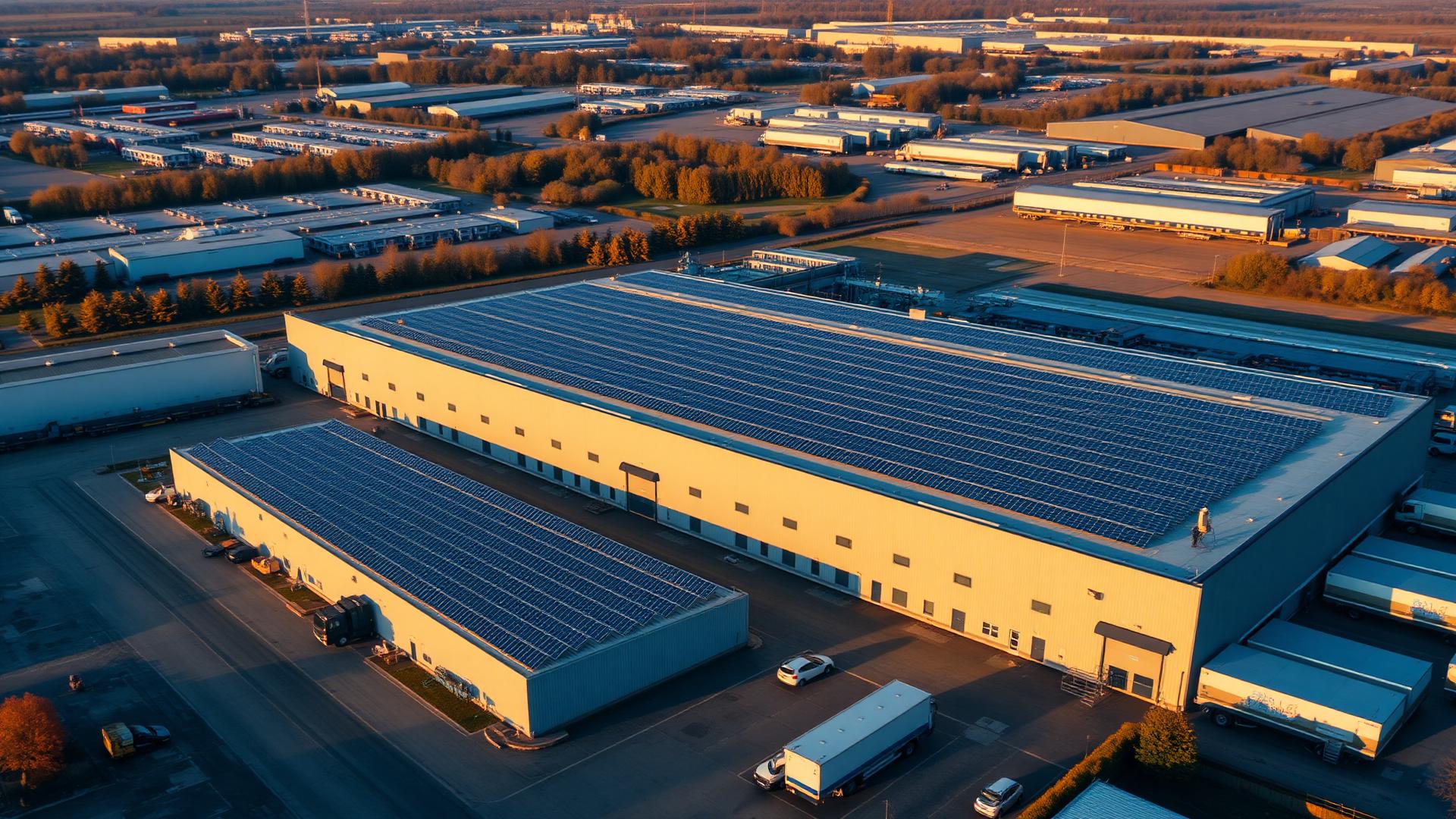 Industriedach mit großer Photovoltaikanlage im Sonnenuntergang