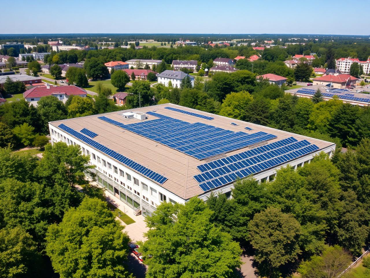 Großes Sozialgebäude mit Solaranlage auf Flachdach
