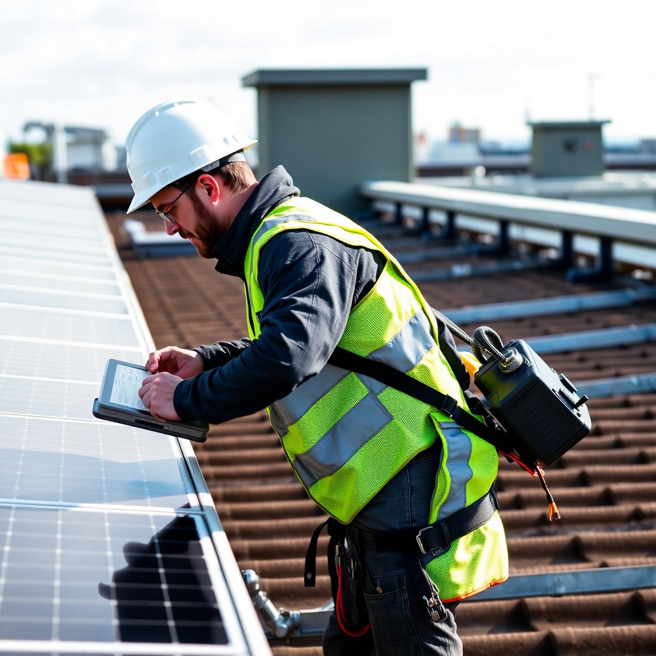 4BILLION Monteur prüft eine PV-Anlage auf einem Gewerbedach